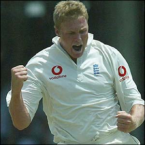Andrew Flintoff celebrates the wicket of Brian Lara 