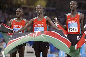 Ezekial Kemboi takes gold, Brimin Kipruto (right) silver and Paul Kipsiele Koech (left) the bronze