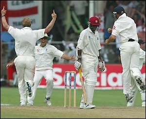 Ramnaresh Sarwan, Shivnarine Chanderpaul and Ryan Hinds are dismissed in successive balls by Hoggard