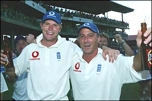 Matthew Hoggard celebrates with Man of the Match Graham Thorpe