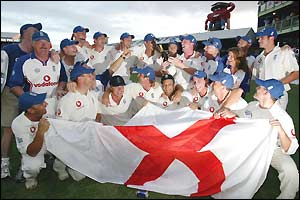 England celebrate an eight-wicket victory wraps up their first series win in the Caribbean since 1968
