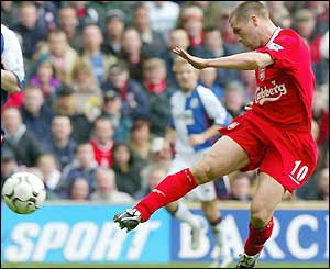Michael Owen scores his second at Anfield