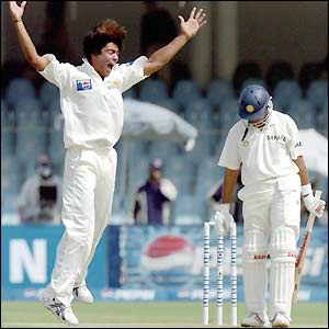 Chopra is trapped lbw by Sami for just four runs