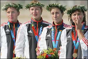 Maike Nollen, Katrin Wagner and Carolin Leonhardt join Birgit Fischer on the podium