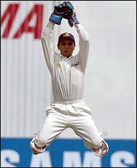 Indian wicketkeeper Parthiv Patel leaps into the air