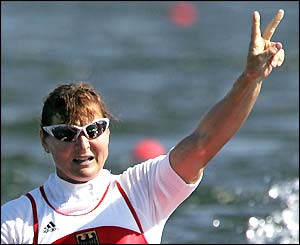 Germany's Birgit Fischer's and Carolin Leonhardt finish second behind Hungarian duo Katalin Kovacs and Natasa Janics in the K2 500m