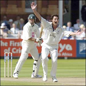 Jonathan Lewis gets Graeme Hick out for a duck to leave Worcestershire on 4-2