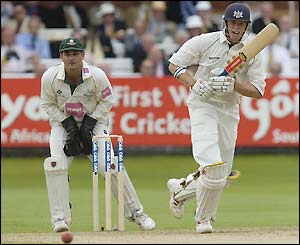 Steve Rhodes can only watch as Phil Weston punishes a loose delivery