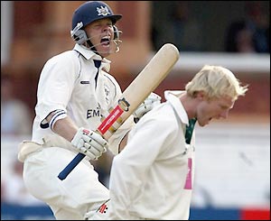 Phil Weston celebrates while Gareth Batty hangs his head with disappointment