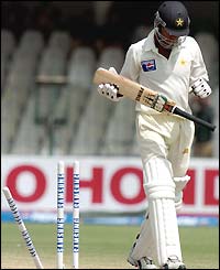 Mohammad Sami leaves the crease after being bowled by Irfan Pathan