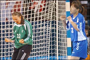 Karin Mortensen saves from Korea's Pil Hee Moon's in the Peace and Friendship Stadium