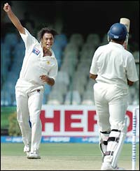 Early delight for Shoaib Akthar as he traps Akash Chopra lbw for five 