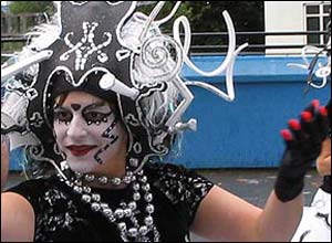 Person in black and white costume