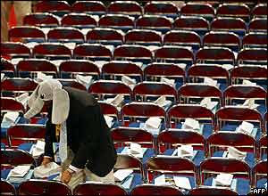 Delegate with elephant hat in convention hall