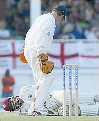 Ramnaresh Sarwan lies injured on the wicket