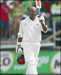 Brian Lara completes his seventh Test century in Antigua