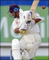 England batsman Graham Thorpe ducks a bouncer