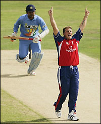 Darren Gough successfully appeals for the wicket of Virender Sehwag