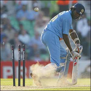Lakshmipathy Balaji is bowled out 