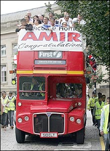 Amir Khan on open top bus