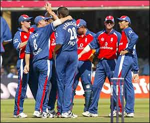 Steve Harmison celebrates with his team-mates after the wicket of Sourav Ganguly