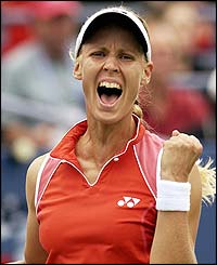 Sixth seed Elena Dementieva celebrates 