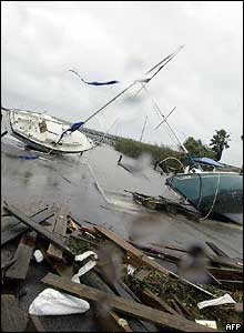 Sailboats washed onto a marina in the aftermath of Hurricane Frances in Fort Pierce