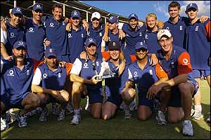 The England team with the Wisden trophy after drawing the Fourth Test against The West Indies