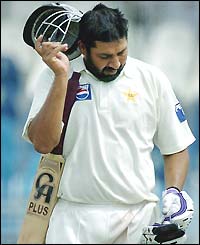Pakistan skipper Inzamam-ul-Haq looks rueful as he departs for just nine