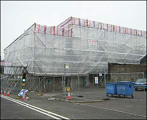 The scaffolding dominates the centre of the village of East Aberthaw
