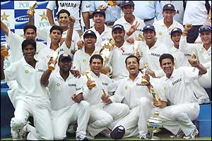 India celebrate winning the third Test and the series