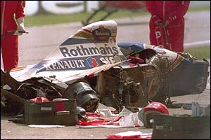 Ayrton Senna's wrecked Williams at Imola on 1 May 1994