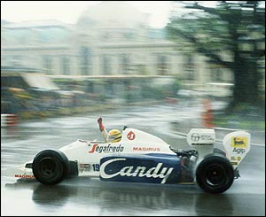 Ayrton Senna celebrates second place in his Toleman-Hart in the 1984 Monaco Grand Prix