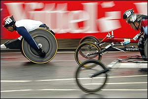 The men's wheelchair athletes embark on the 26.2 mile course from Greenwich Park 