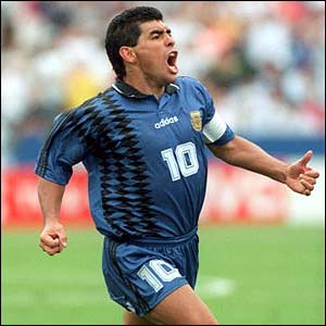 Maradona celebrates scoring against Greece in the 1994 World Cup in the US