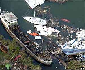 Damaged boats in St George's harbour, Grenada, after the passing of Hurricane Ivan 