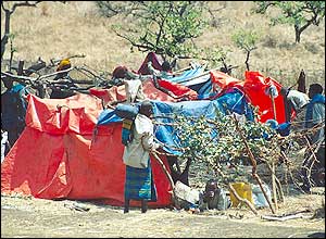makeshift tent at the new resettlement camps
