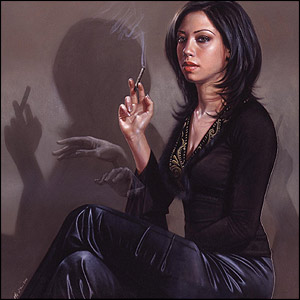 Self-portrait by Sara Shamma (oil on canvas)