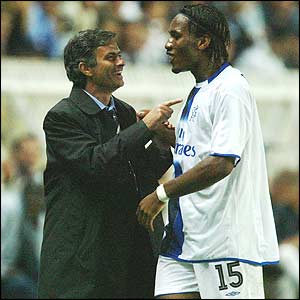 Mourinho and Drogba share a joke after Chelsea's victory
