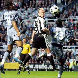 Alan Shearer heads the ball wide