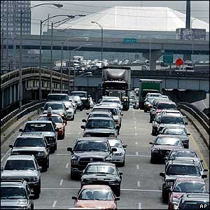 Traffic crawls out of town along Interstate 10 in New Orleans as people evacuate the area