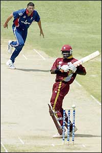 West Indies batsman Chris Gayle avoids a bouncer from England bowler Steve Harmison