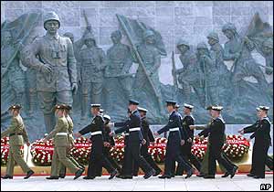 Ssoldiers march at the Turkish memorial in Gallipoli, western Turkey, on Saturday