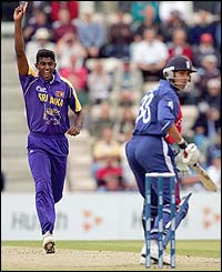 Farveez Maharoof celebrates the wicket of Vikram Solanki