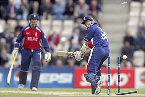 Michael Vaughan is bowled by Nuwan Zoysa