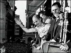 Eva Peron with her husband Juan on the balcony of Casa Rosada Government House, in Buenos Aires Oct. 17, 1950 .