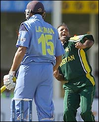 Hasan celebrates after taking the wicket of VVS Laxman