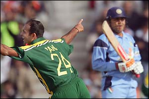 Hasan celebrates after getting the wicket of Virender Sehwag and reducing India to 28-3