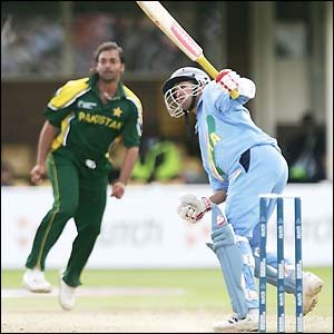 Ajit Agarkar hits a boundary on his way to 47 against Pakistan
