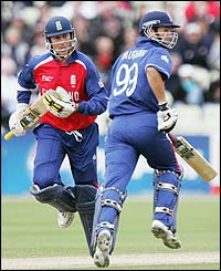 Trescothick and Vaughan take a quick single